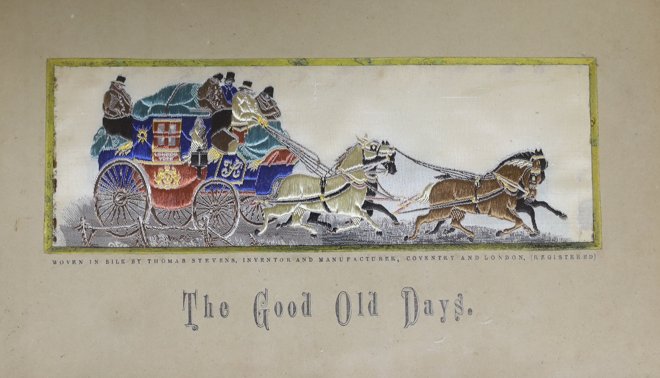 A group of four framed Victorian stevengraphs including The Meet and Good Old Days, each overall 22.5cm x 15.5cm